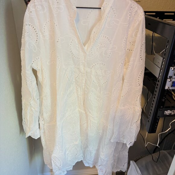 Women's White Embroidery Lace Shirt Dress Eyelet - Picture 3 of 5